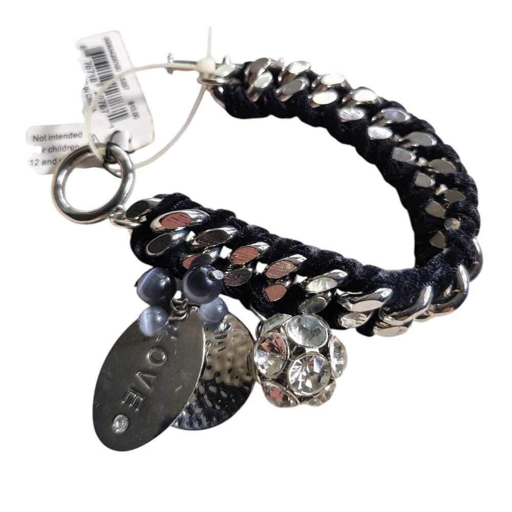 Mixit Bracelet Chunky Silvertone & Black Velvet Rhinestone & Gray Pearl Cluster